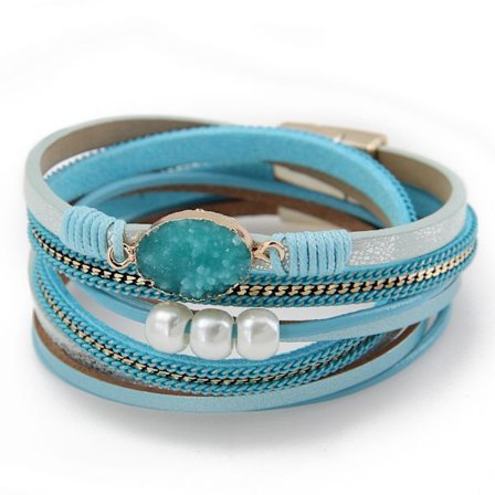 Läderomslag Armband Boho Manschett Armband Kristall Pärla Armband w