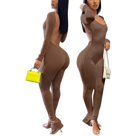 ycon Jumpsuits för kvinnor, sexig rygglös långärmad scoop-hals staplade delade enkla outfits brun stor