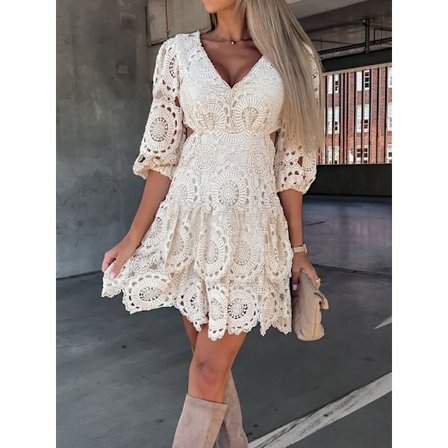 Dame Blondekjole Elegant Dame Slim V-hals Afslappet Kjole Halv Ærme Hul Løs Minikjole