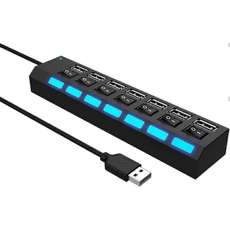 7-ports USB 2.0 Hub med individuelle kontakter og LED'er, USB Hub 2.0 Splitter til alle USB-enheder