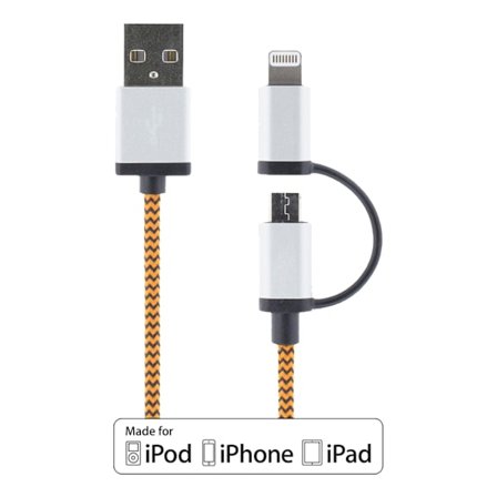 USB cable, USB Micro B ma and lightning ma, MFi, 1m, orange