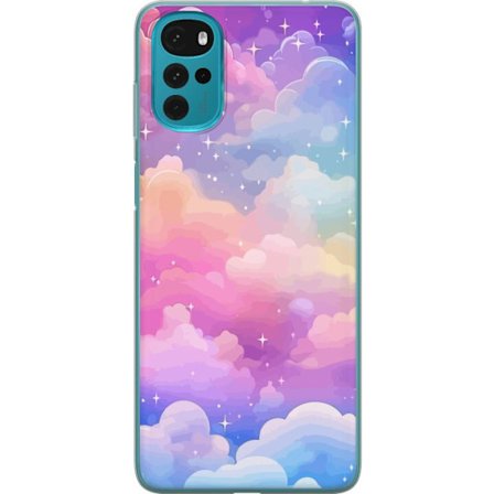 Kompatibelt Mobildeksel til Motorola Moto G22 Søt enhjørning med regnbuefarget hår mot en stjernebelagt pastellbakgrunn i kawaii-stil