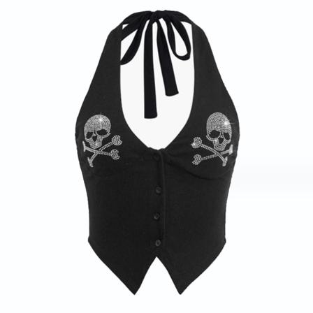 Sensuell Knäppt Halter Top, väst för kvinnor med Edgy Skull Elements M