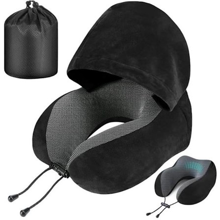 Resekudde med huva – Memory foam-nackkudde för flyg, bil, kontor och hem, mjuk och ergonomisk_TF_TF