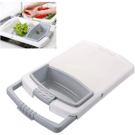 Multifunktionell skärbräda för bänkskiva, sortering och förvaring av frukt och grönsaker, tre-i-ett utdragbar skärbräda (grå)