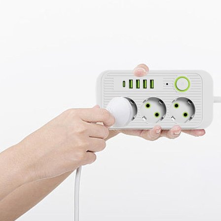 Vit 2M EU-kontakt Grenuttag Förlängningssladd med USB Type-C Snabbladdning