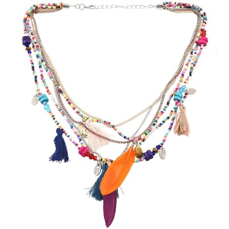 Elegant Damhalsband i Etnisk Stil med Fjädrar, Tofsar, Pärlor och Flera Lager - Flerfärgad-haoyi