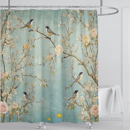 Akvarel Blade Bruseforhæng Sæt Vandtæt Blomsterplante Blade Stof Badeværelsesforhæng med Kroge, B180xH200cm