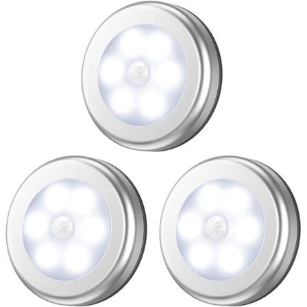 Bevegelsessensorlys, 3-pakning klistremerke nattlys for skap, batteridrevne trappelys med selvklebende puter, under skapbelysning, sølv sølv