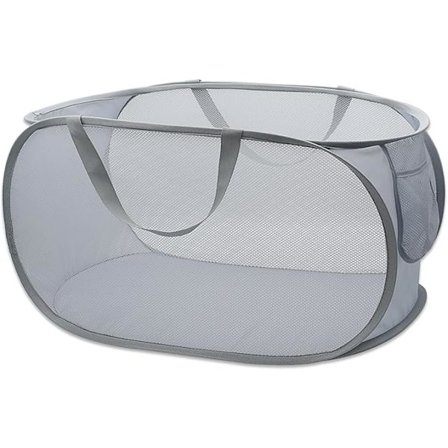 Stadig tvättkorg i mesh, pop-up-korg med sidoficka för tvättstuga, badrum, barnrum (Pop Horisontell, Grå)
