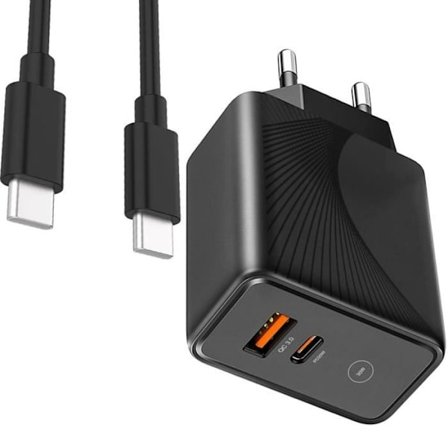 Laddare - E.F.CONNECTION - PD20W+QC3.0 - 30W - 2 portar - USB-C 1m - Svart