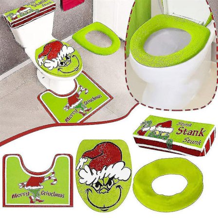 4 stk. Jule Grinch Tank Cover + Bademåtte + Toiletsædebetræk + Toiletsædepude Sæt