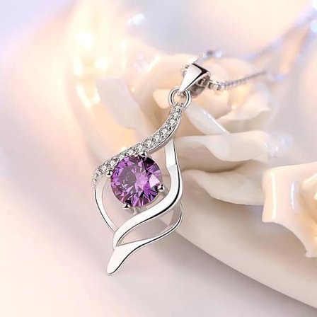 Necklace - silver color with purple rhinestone