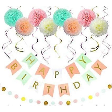 Rosa och Grön Födelsedagsdekorationer Set, Födelsedagsdekoration för Kvinnor, Grattis på Födelsedagen Banner, Silkespapper Poms, Hängande Virvlar, 