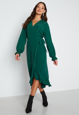 John Zack Long Sleeve Wrap Frill Dress Forest Green Klær