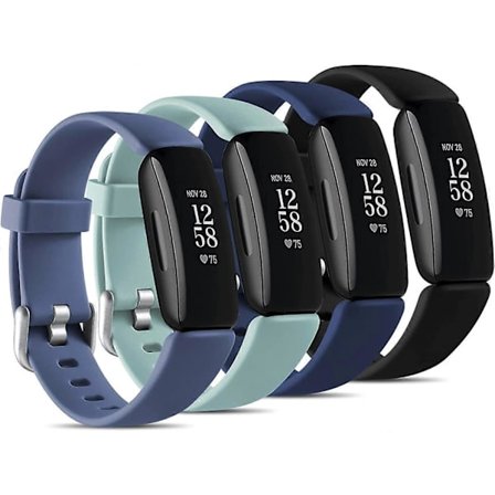 Kompatibel med Fitbit Inspire 2 Armband Män Kvinnor, (4-pack) Mjuka Silikon Ersättningsband för Inspire 2, Stor Blå Grå/Svart/Blå/Aqua