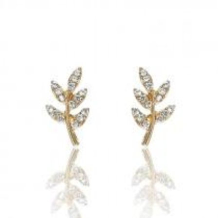Små Guld Stud Örhängen - Löv / Blad med Vita Rhinestones