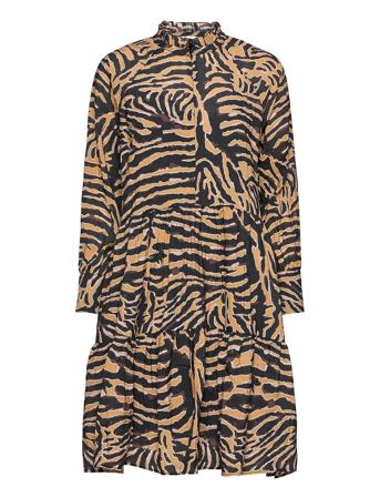 Printed Dress With Classic Collar Stand And Frill Detail. I Brown Second Female