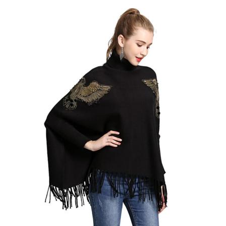 Lös Turtleneck Pullover Wrap Sjal Varm Batwing Blus Med Tofs Stickning Cape For Lady