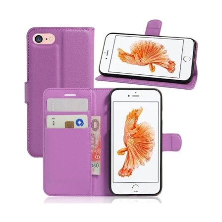 Litchi Grain Leather Wallet Case Flip Folio Stand Protective Cover iPhone SE 2nd Gen (2020)/SE (2022)/8/7 4.7 inch - Lilla