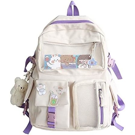 Kawaii søt kanvas studenter skolesekk laptop skulderveske med pins og tilbehør estetisk for jente college tilbehør