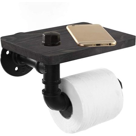 Industriell toalettpapirholder med rustikk trehylle og støpejernsrørbeslag, rørtoalettpapirholder for bad, toalettrom
