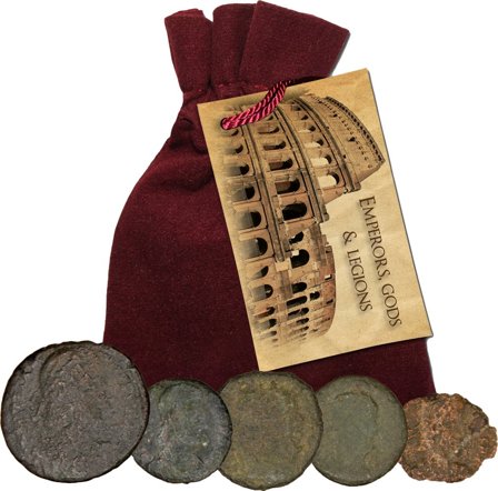 Romerriget 100-400 - Kejsere, guder og legioner ien fløjlspose - 5 mønter