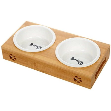 Keramiska kattskålar set med bambu stativ