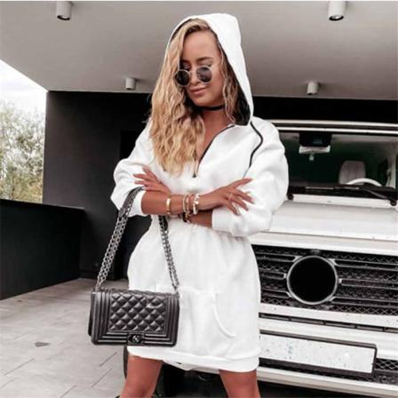 Kvinnor Solid Långärmad Hoodie Mini Dress Autumn Front Drawstri