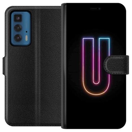 Yhteensopiva Lompakkokotelo Motorola Motorola Edge 20 Pro Minimaalinen neonkirjain U kirkkaalla valaistustehosteella mustaa taustaa vasten