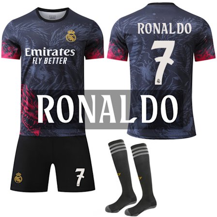 24-25 Real Madrid Dragemønster Spesialutgave Svart Rød Drakt NR.7 RONALDO Trøyer Barn Voksen Fotballutstyr med Sokker
