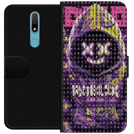 Yhteensopiva Lompakkokotelo Nokia Nokia 2.4 Roblox-huppari suunniteltu sadoista pienistä Roblox-hahmoista, luova mosaiikkisuunnittelu lila ja keltain