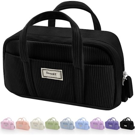 Stor blyantsæske, ekstra stor blyantpose med 5 rum, pennepose med bred åbning, blød fløjls blyantpose arrangør med lynlås-sort