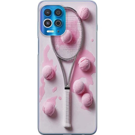 Kompatibel Mobilcover til Motorola Motorola Edge S Rosa glaskugler og tennisketsjer i et kreativt stillbillede med legende popfølelse og moderne desi