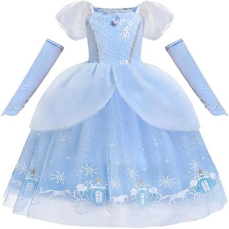 Elegant Daisy Prinsesse Fancy Dress Halloween Kostume Græskarbil Fødselsdagsfest Outfit med Handsker til Små Piger Blue (Dress Only) 120cm