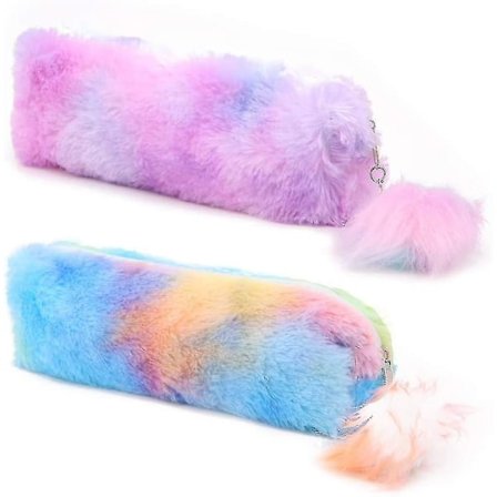 2 kpl pehmeä sateenkaaren muotoinen kynäkotelo, pörröinen kynäpussi, vaaleanpunainen pehmeä meikkipussi, kosmetiikka