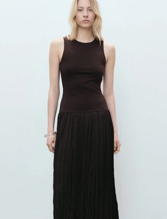 Mango Combined-Fabric Long Dress - Brown - S