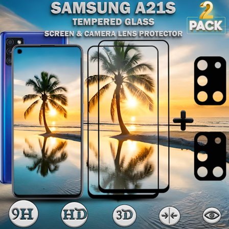 2-Pack Samsung A21s Skärmskydd & 2-Pack linsskydd - Härdat Glas 9H - Super kvalitet 3D