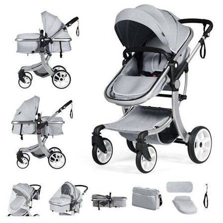 COSTWAY Barnevogn 0-3 år 2 i 1 foldbar-dobbeltretning Putter-ryglæn, baldakin, vippehåndtag-regnbetræk-rygsæk-grå
