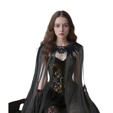 Gotisk fjer kappe, sort transparent blanding imiteret fjer kappe, Halloween tyl kappe