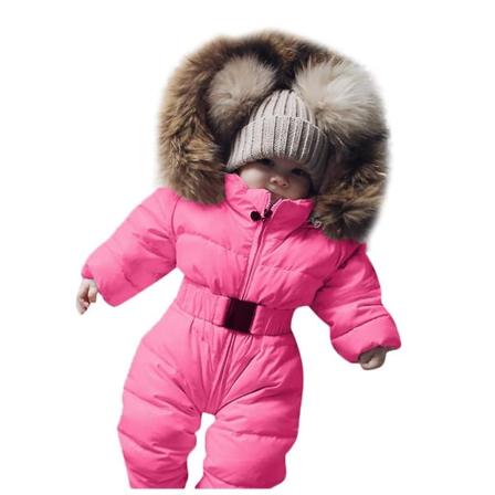 Unisex jumpsuit med huva för baby för 0-24 månader Pojkar Flickor Jumpsuit Romper med pälskrage qd best Rose Red 80cm