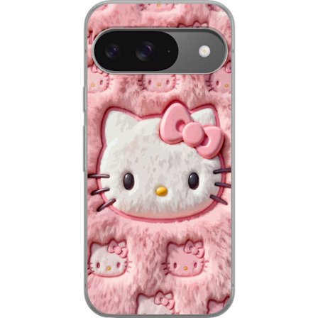 Kompatibelt Mobildeksel til Google Pixel 9 Hello Kitty rosa fluffy bakgrunn med ikoniskt ansikt og kawaii-estetikk