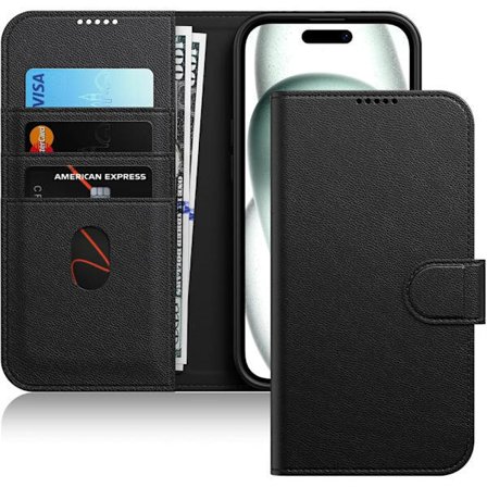 iPhone 15 Lommebok Etui Svart, Flip Lær Telefondeksel med Kortholder og Stativ