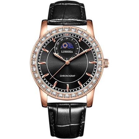 Mænds Analog Kvarts Luminous Business Ur Vandafvisende Diamant Ur Månefase Armbåndsur med Læderrem Sort