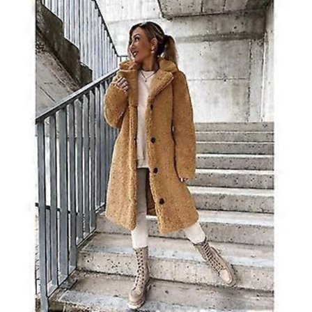 Dame Fleece Frakke, Forår Og Vinter Mode Fuzzy Jakke Kunstig Pels Fluffy Cardigan Overfrakke (5XL KHAKI)