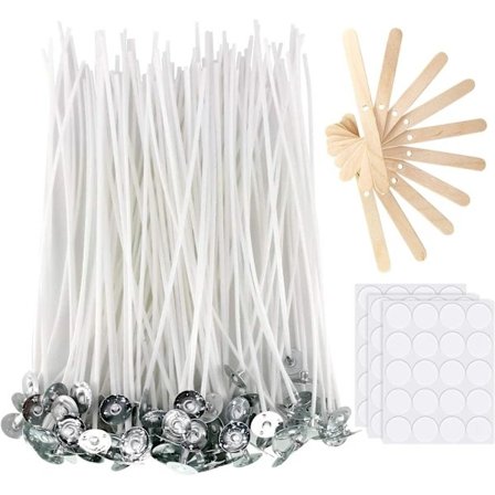 Ljusvekar 100 st 15 cm med 60 st ljusveke-klistermärken och 10 st trä, A