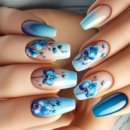 24x Korta Ballerinor Lösnaglar Gradient Akryl Naglar Blommor Tryck På Naglar