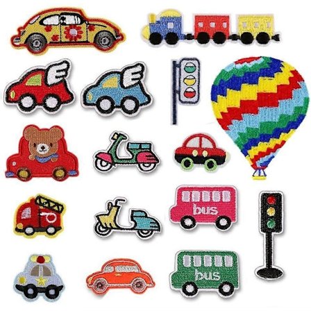 Broderte DIY-tilbehør for bil-strykelapper 16-delt sett, forskjellige trafikkdekorasjonslapper, søte klistremerkelapper for jakker, hatter, ryggsekker