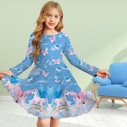 Langermet kjole for jenter, juleantrekk, moteriktig trykket fritidskjole for jenter, blå 130cm