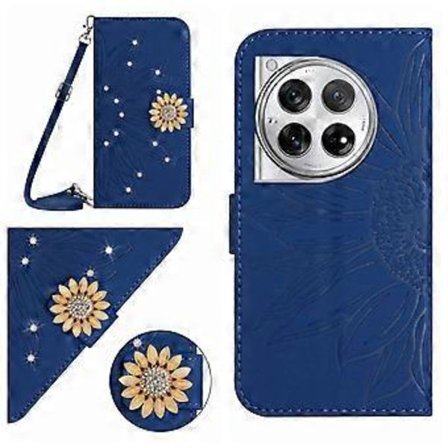 Kompatibel med OnePlus 12 5G Præget solsikke med diamanter Magnetisk kortholder Pung Telefoncover med skulderrem - Blå
